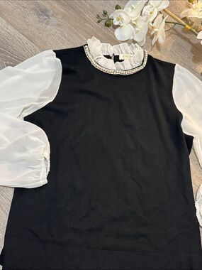 Coco blue  Black Knit Sweater with White Sheer Puff Sleeves & Pearl Collar